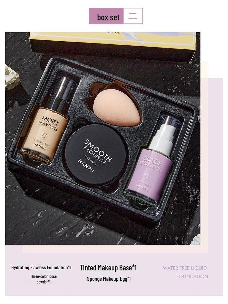 Набор для макияжа из 4 предметов Han Ru: Консилер, Тональный крем, Праймер и Рассыпчатая пудра для начинающих - Подарочная коробка в комплекте