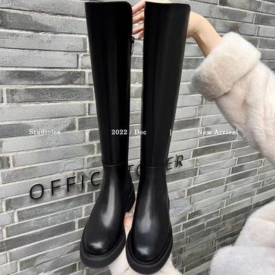 Ботинки из толстой коровьей кожи средней длины на толстой подошве, эластичные ботфорты, женские осенне-зимние кожаные сапоги до колена
