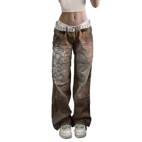 Женские джинсы средней талии с нестандартной индивидуальной печатью в стиле ретро, прямые, широкие, в стиле пэчворк