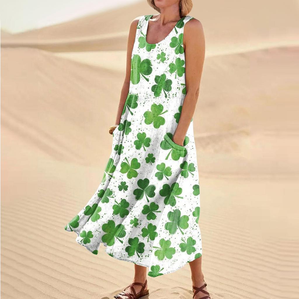 Women's Casual Comfort St. Patrick's Day Printed Sleeveless Pocket Dress