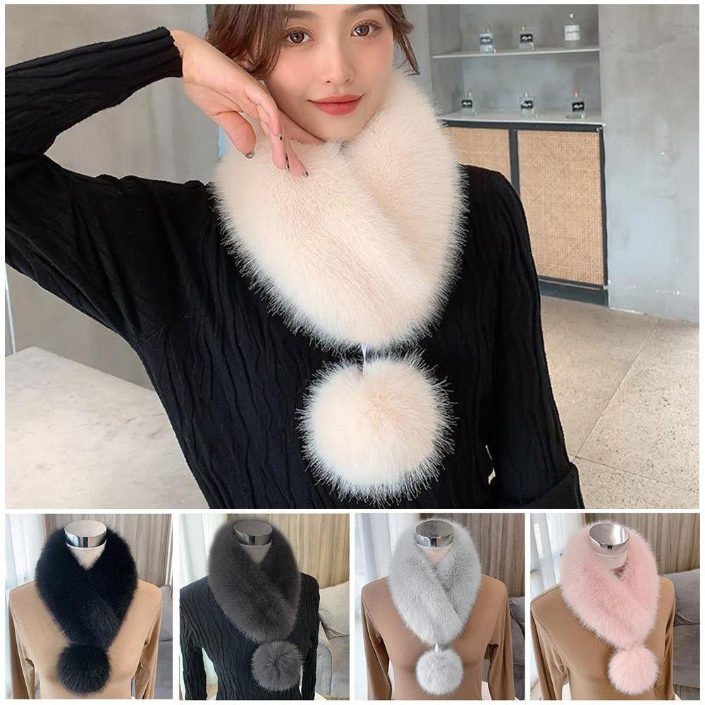Solid Warm Soft Artificial Wool Bib Women Scarf Fur Collar Imitation Fur Scarf with Pompom