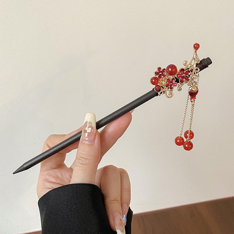 Ancient Style High-End Chinese Sandalwood Tassel Hairpin for Hanfu Costume Updo