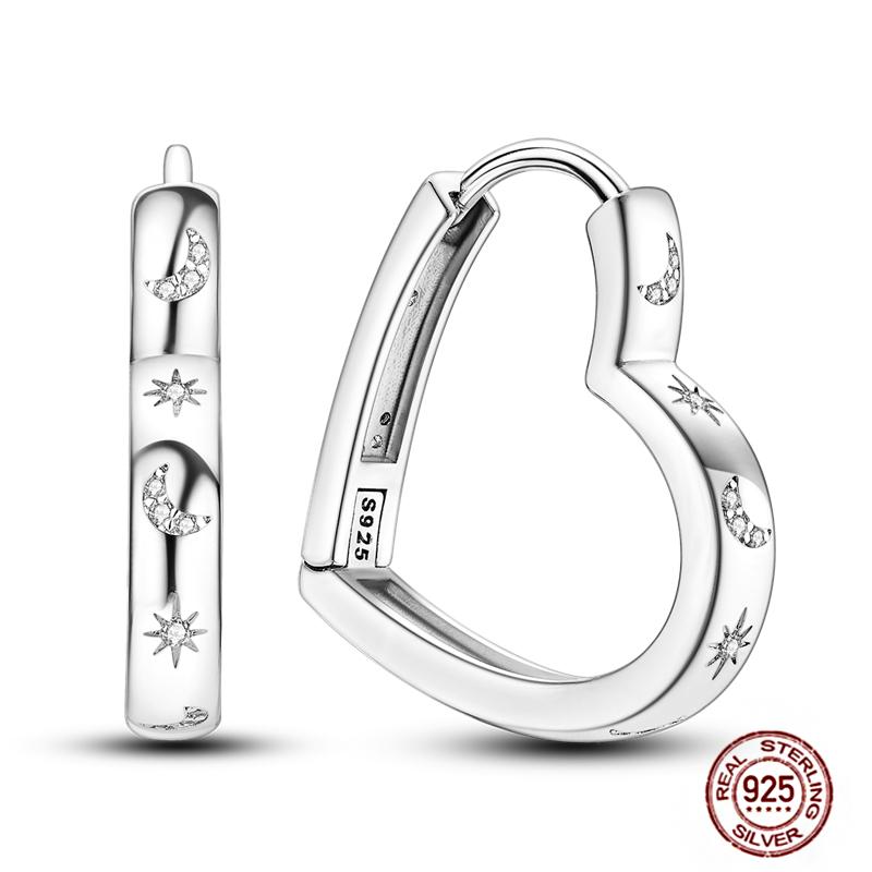 Sparkling Women Hoop Earrings 925 Copper Heart Shape Star Moon Round Blue Zircon Fit Origina Drop Earrings Zircon Holiday Gifts