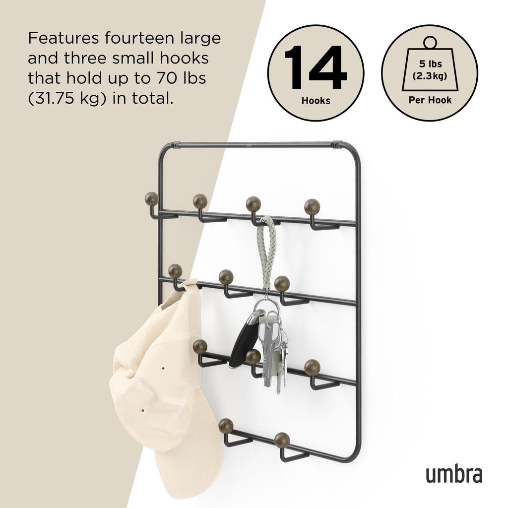 Umbra Wall Hooks, Wall Hanger, Door Hooks, Door Hook Storage, Black/Walnut, 14-Row, ESTIQUE 21004045048
