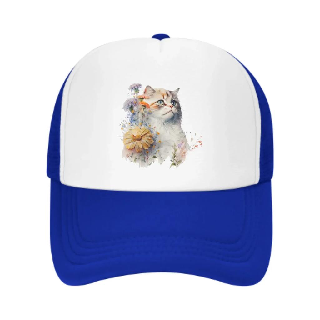 Floral Cat Mesh Trucker Hats for Unisex Women Adjustable Casual Fashion Baseball Caps for Outdoor Activities