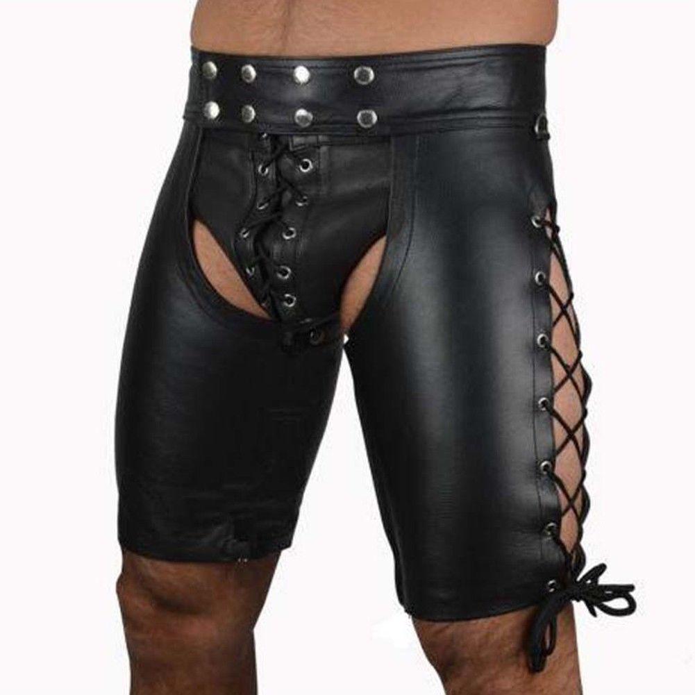 Mens Leather Shorts Knickers Briefs Crotchless Lace-Up Front Underwear Sex Toys