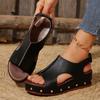 Fashion 2025 New Thick-soled Hollow Fish Mouth Sandals Women's Large-size Rivets Velcro Slope Heel Beach Sandals