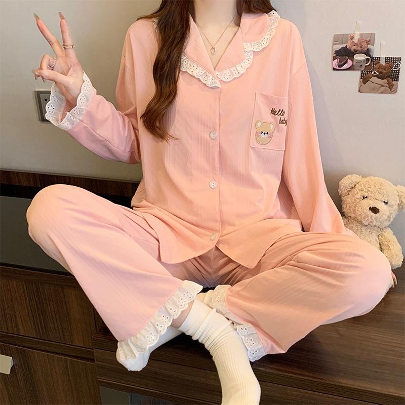 Милая вышивка, мультяшная пижама, женский весенний новый жаккардовый контрастный кружевной комплект для дома с длинными рукавами