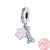 Genuine 925 Sterling Silver Pink Enamel Paw Print and Dog Bone Charm Fit Fashion Bracelet Making DIY Girls Jewelry