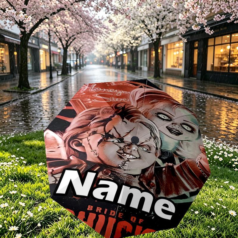 Custom Name Personalized Bride of Chucky Print Umbrella, Auto Open Close, 8‑Rib Sturdy Frame, Commute Camping Hiking Use, Birthday Gift
