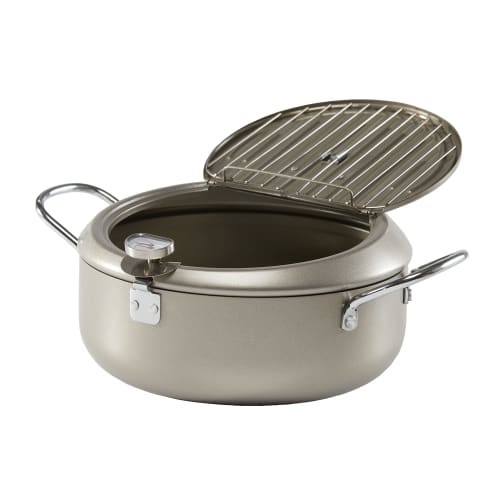 24cm Silver Round Deep Fryer, Induction and Gas Compatible, Includes Frying Net, Thermometer, and Lid, Perfect for Deep Frying Tempura, Skewers, and O