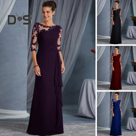 Women Evening Dress See-through Mesh Patchwork Half Sleeves Slim Fit Floral Embroidery Ruffle Pleated Full Length Prom Party Maxi Dress