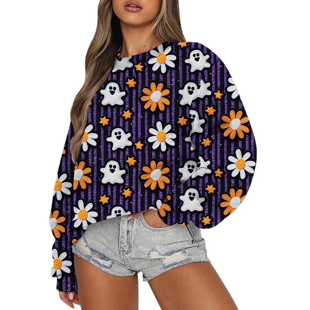 Свитшоты для женщин с длинным рукавом на Хэллоуин, повседневные, с круглым вырезом, свободные, пуловеры, свитшоты, топы