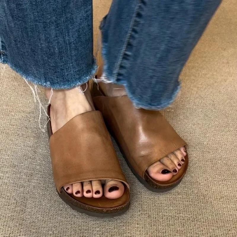 Fashion New Summer Slippers Women 2025 Handmade Retro Thick Soles Non-slip Slides Woman Outside Casual Platform Shoes