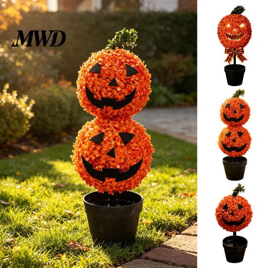 Indoor Halloween Party Props Artificial Pumpkin Topiary Tree, Face Faux Boxwood Plants with Stake, Weatherproof Garden Lawn Ornaments Fall Autumn