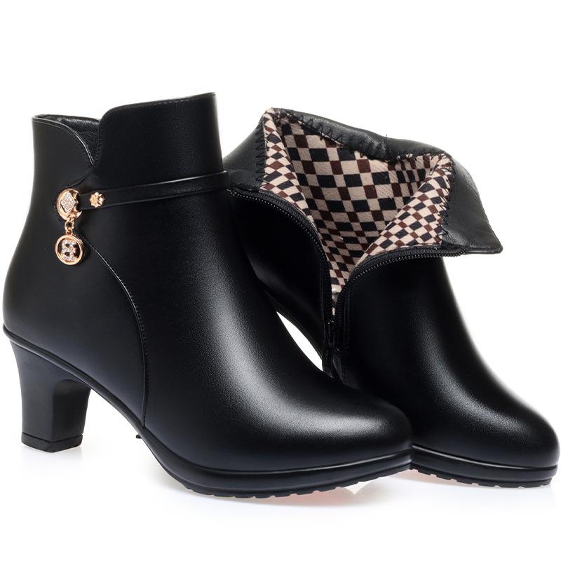 Модные женские ботинки на высоком каблуке 2025 Новые зимние ботинки Женские элегантные модные ботинки из толстой шерсти Теплые Модные ботинки для вечеринок Мама Женские ботильоны