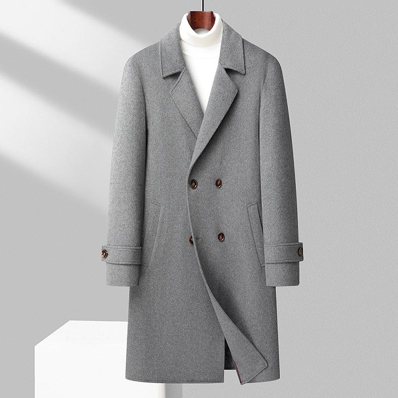 Autumn and Winter Men's Woolen Coat with Cotton Thickened Trench Coat Double-breasted Long Youth Fashion Woolen Coat