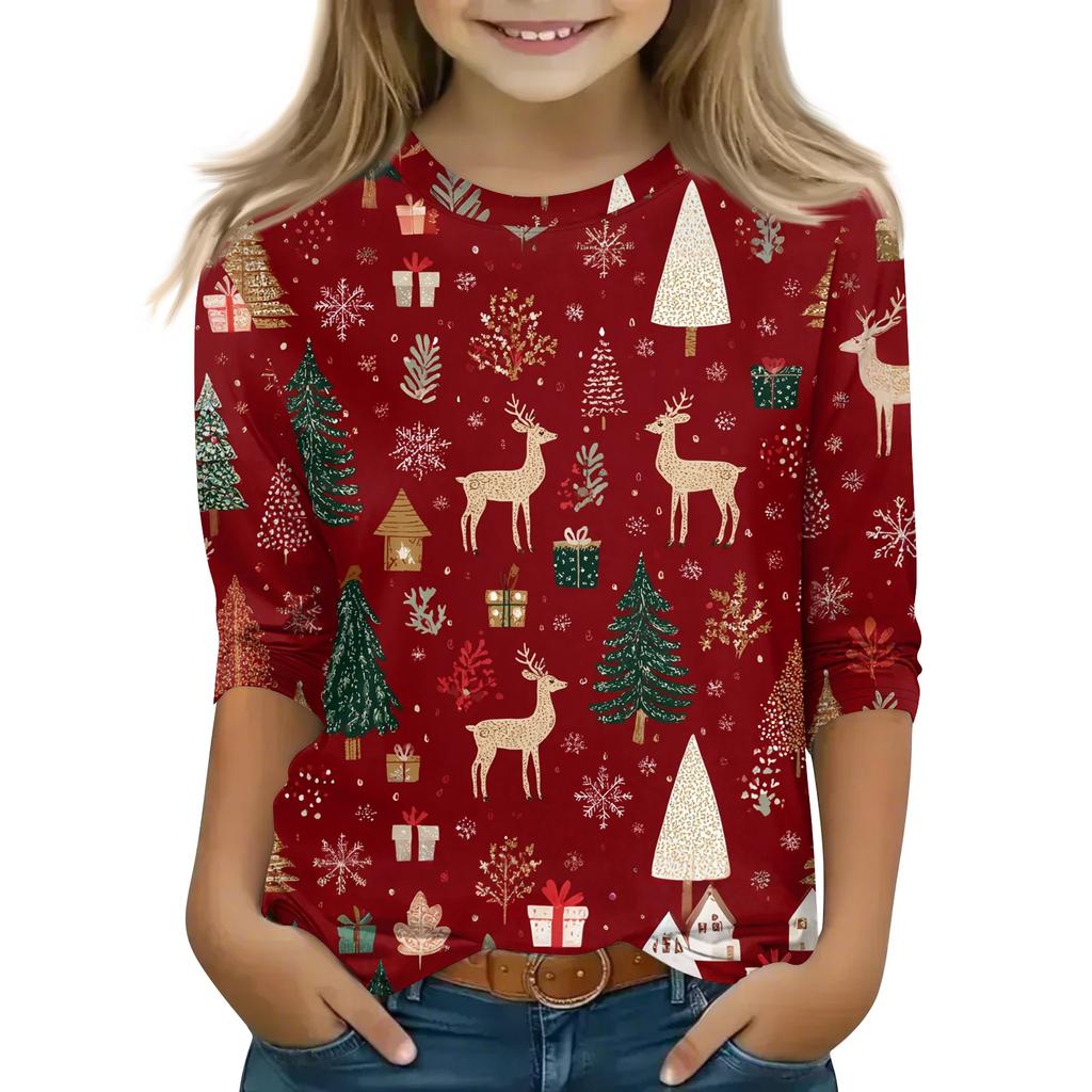 Children's 3/4 Sleeve Tops Casual Christmas Print T Shirt Round Neck Pullover Blouse