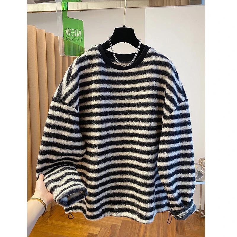 Striped T-shirt Bottoming Shirt for Women Winter Loose Thickened Long-sleeved Top
