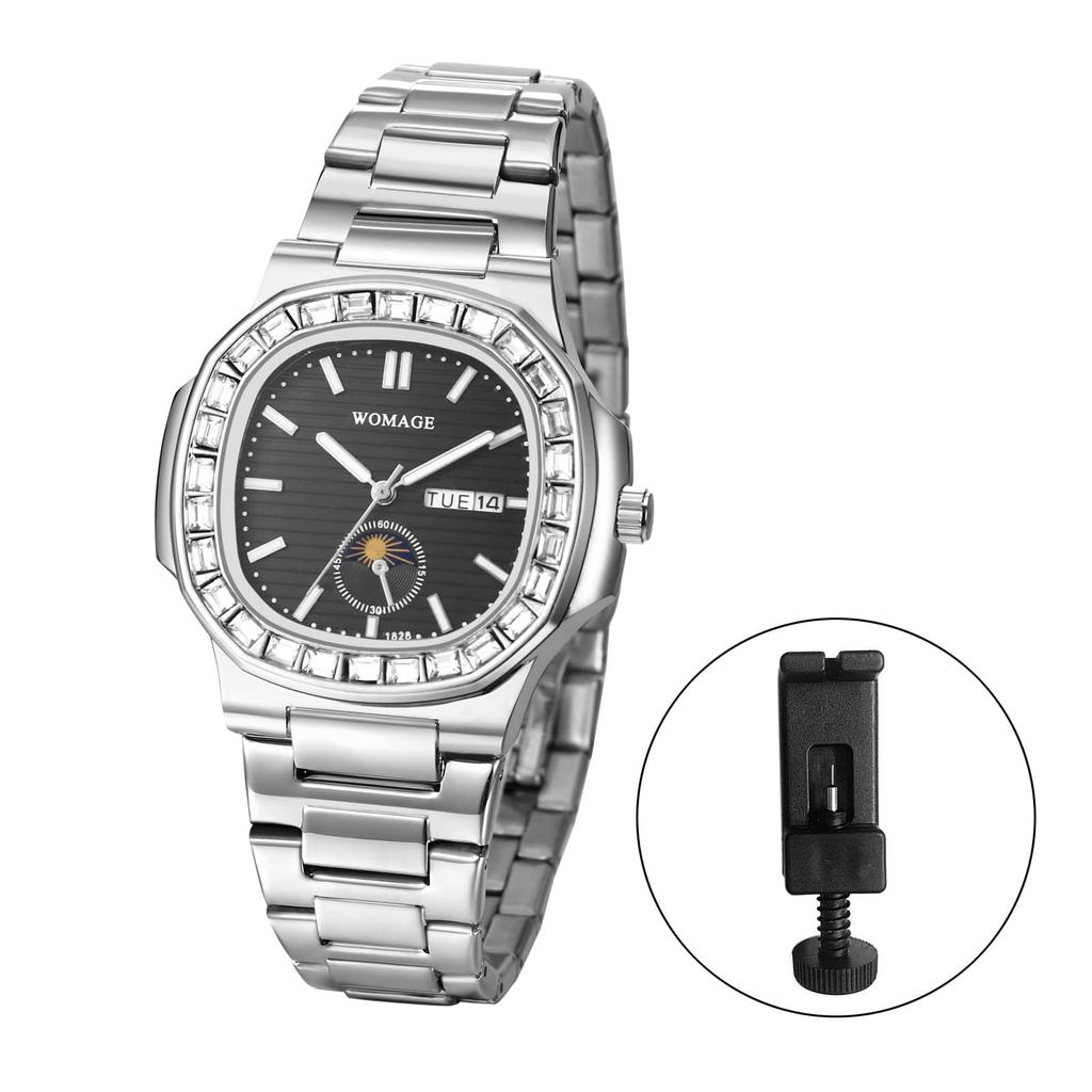 Часы с бриллиантами из нержавеющей стали с аналоговым календарем, кварцевые часы, водонепроницаемые, модные аксессуары, подарок на день рождения, годовщину, Рождество