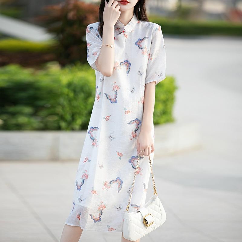 Женское весенне-летнее новое тонкое платье в китайском стиле с принтом, подходящее ко всему, винтажное платье с дисковой пряжкой
