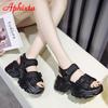Aphixta New Buckle Height Increaming Canvas Platfom Sandals Women 3.15 Inch Wedge Heel Shoes Hook & Loop Thick Bottom Slides
