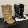 2025 новые ретро плиссированные ботфорты на каблуке, женские замшевые ботфорты на толстом каблуке, универсальные ботфорты в стиле постапокалипсиса