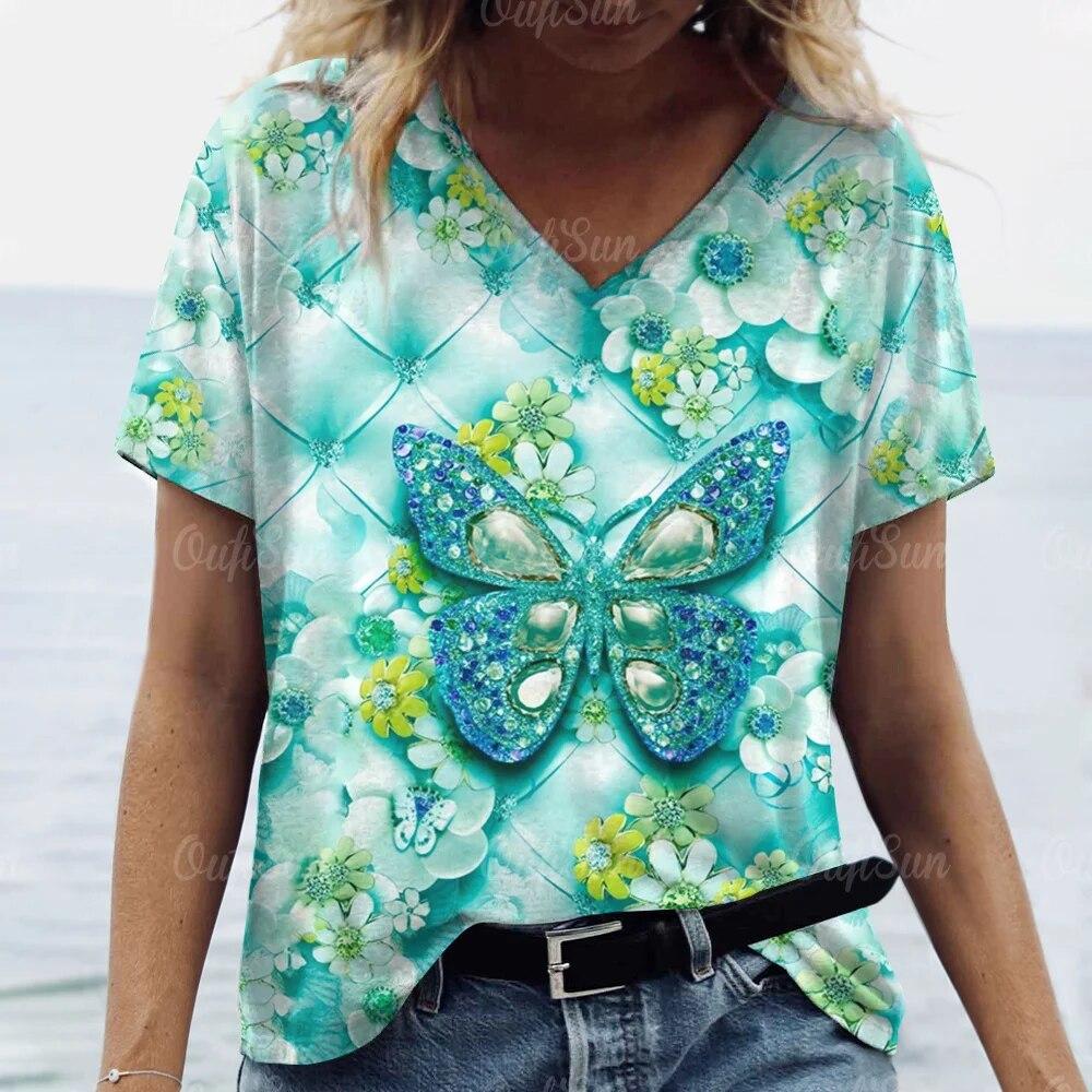 Топ женская футболка летняя мода с цветочным принтом бабочки футболки с короткими рукавами футболка с v-образным вырезом для женской одежды больших размеров