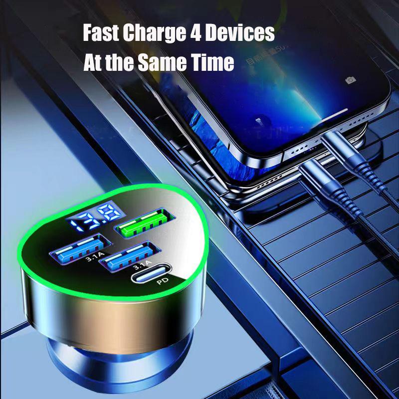 Автомобильное зарядное устройство для телефона USB Type C Сверхбыстрая зарядка в автомобиле со светодиодным монитором напряжения для iPhone Samsung Huawei Oneplus Vivo Oppo