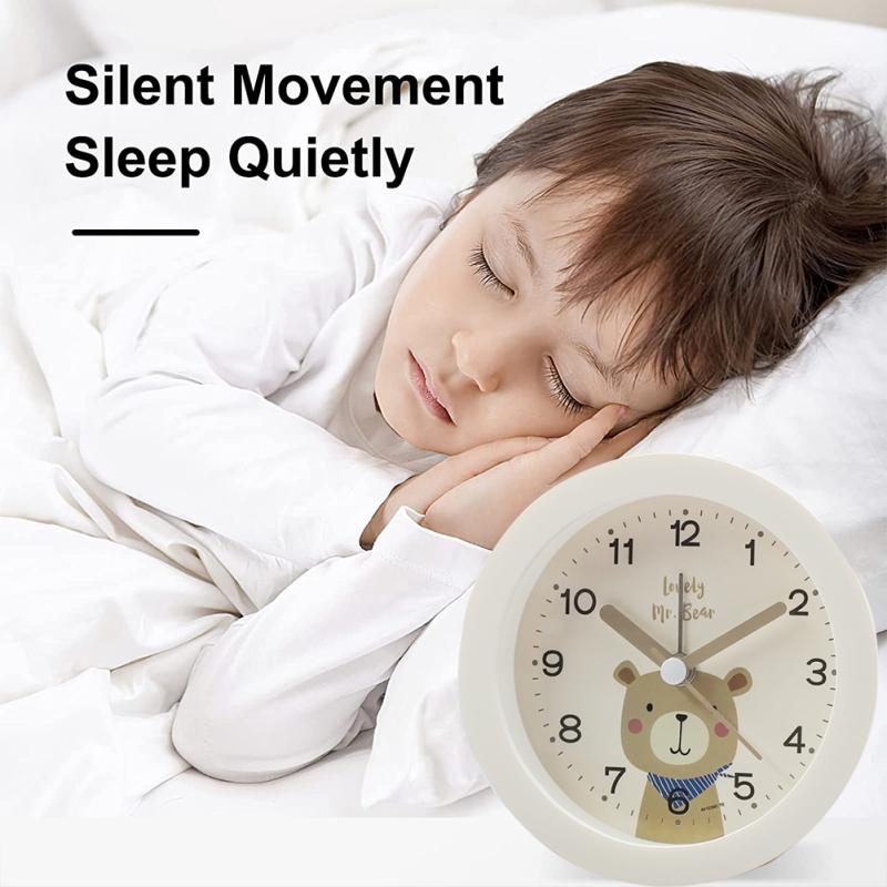 Детский круглый будильник с милыми мультяшными животными, портативный прикроватный ультра-тихий мягкий теплый свет