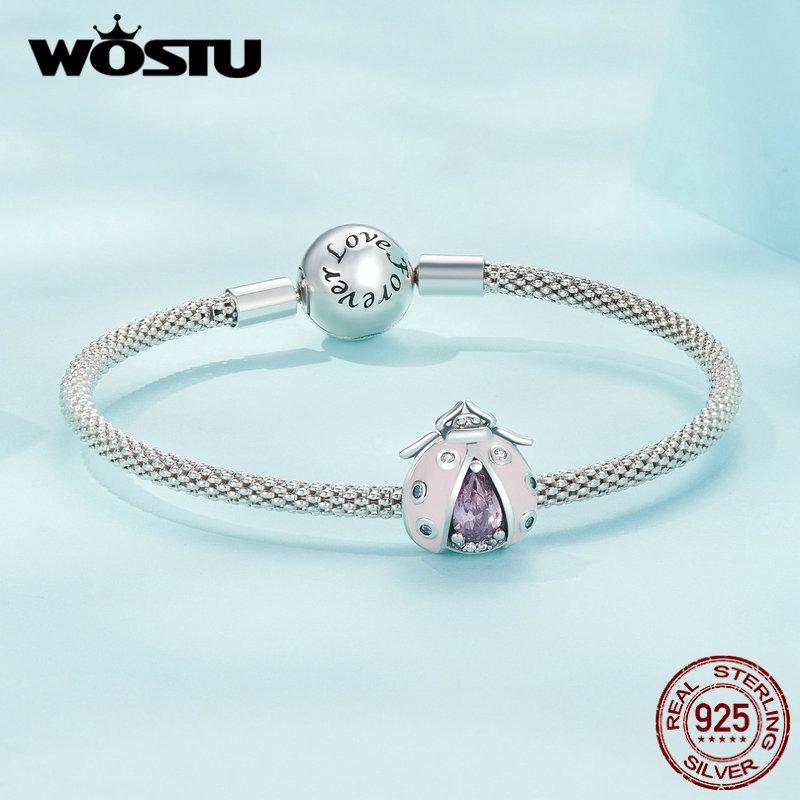 WOSTU 925 Sterling Silver Pink Enamel Ladybird Beads Pink Zircon Ladybug Charms for Women Bracelet and Bangle DIY Fine Jewelry