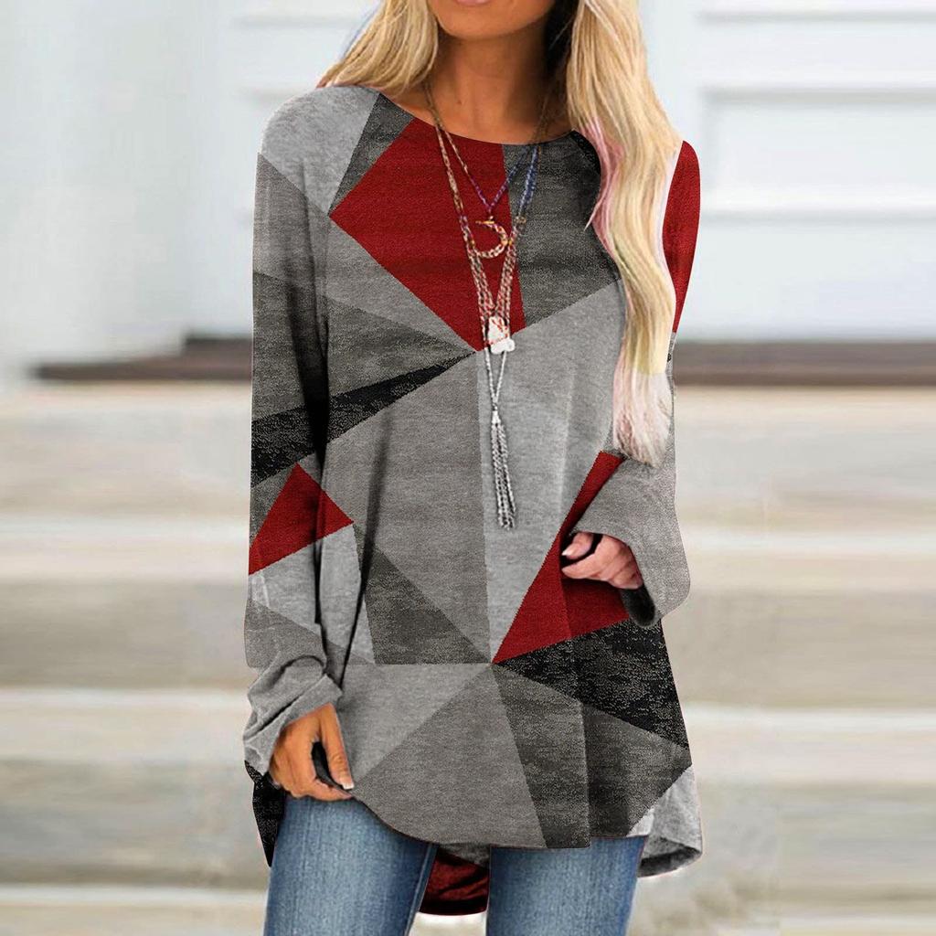 Women's Fashion Casual Irregular Patchwork Color Print Loose Medium Long Long Sleeve Top