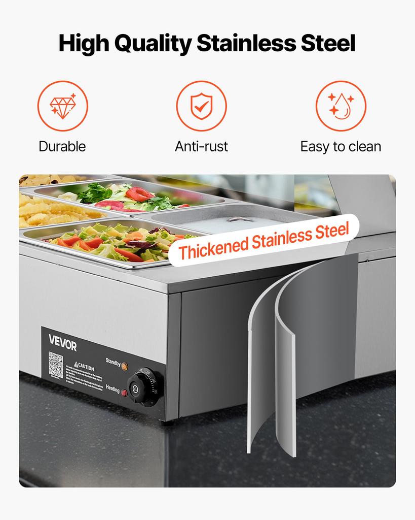 VEVOR Commercial Food Warmer, 1500W Electric Stainless Steel Steam Food Warmer with Glass Cover