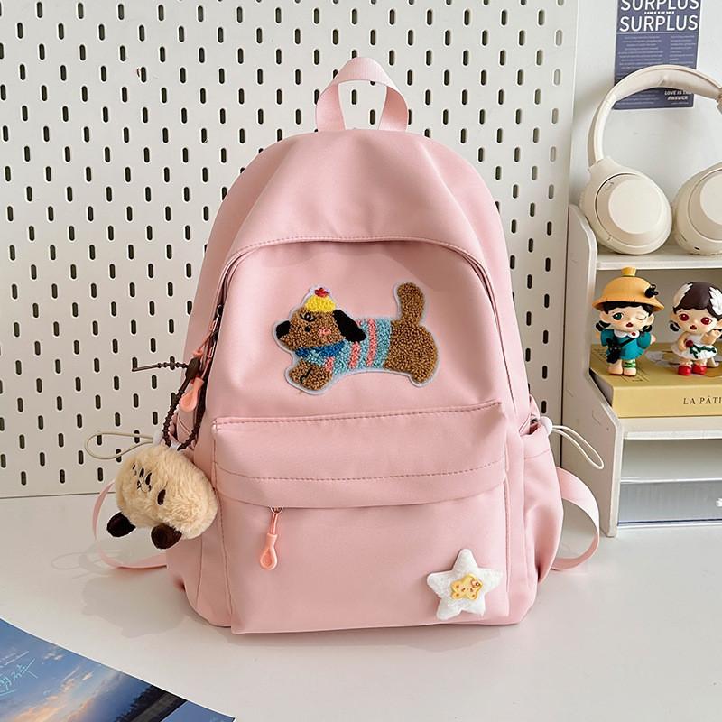 Solid Color Cute Sausage Dog Embroidery Pattern Student Backpack With Star Pendant