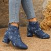 Fashion 2024 New Autumn Winter Women Ankle Boots Denim Upper Square Toe Modern Boots Back Zip Plaid Patchwork Western Boots