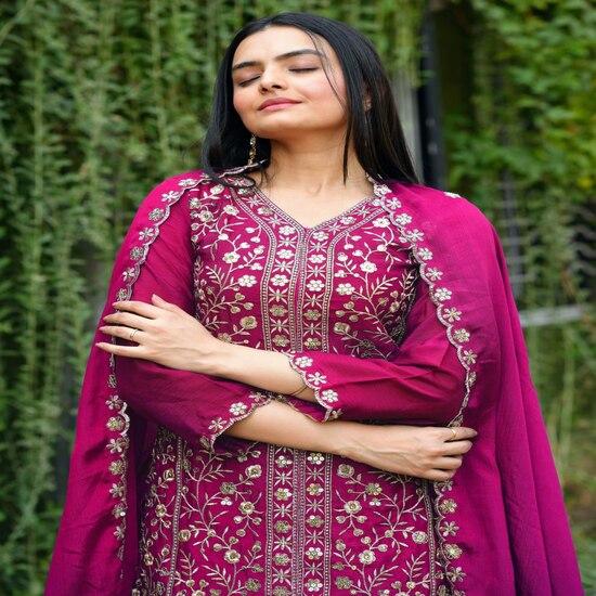 Vibrant Magenta Embroidered Sharara Suit with Intricate Work