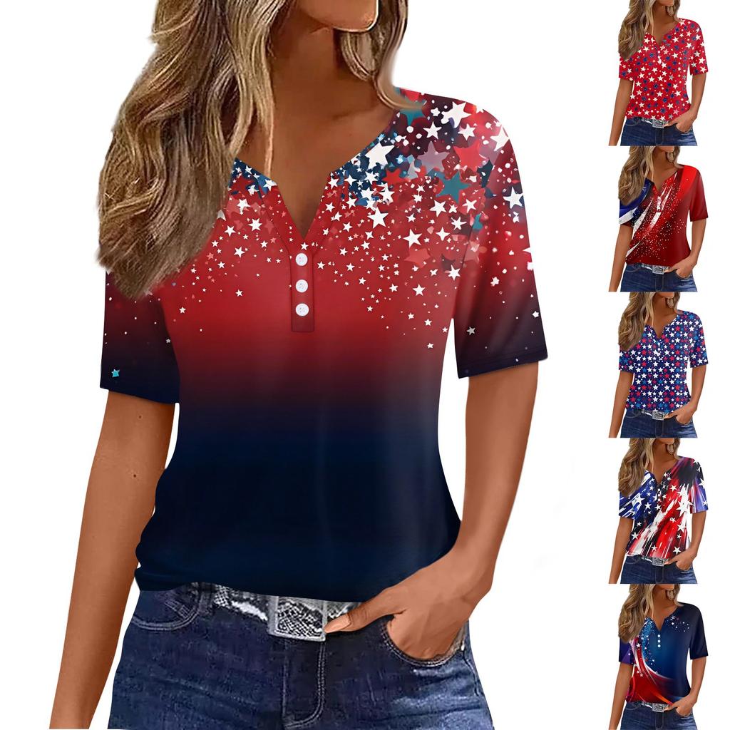 Женская футболка с принтом «День независимости» на пуговицах с коротким рукавом, повседневная, выходного дня, модная, базовая, с V-образным вырезом, обычная