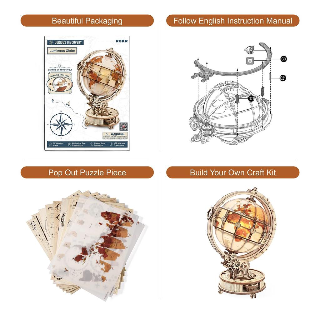 Wooden Globe Lamp 3D Puzzle Games for Birthday Gift for Kids Adults for Home Decor Building Blocks Educational Toy