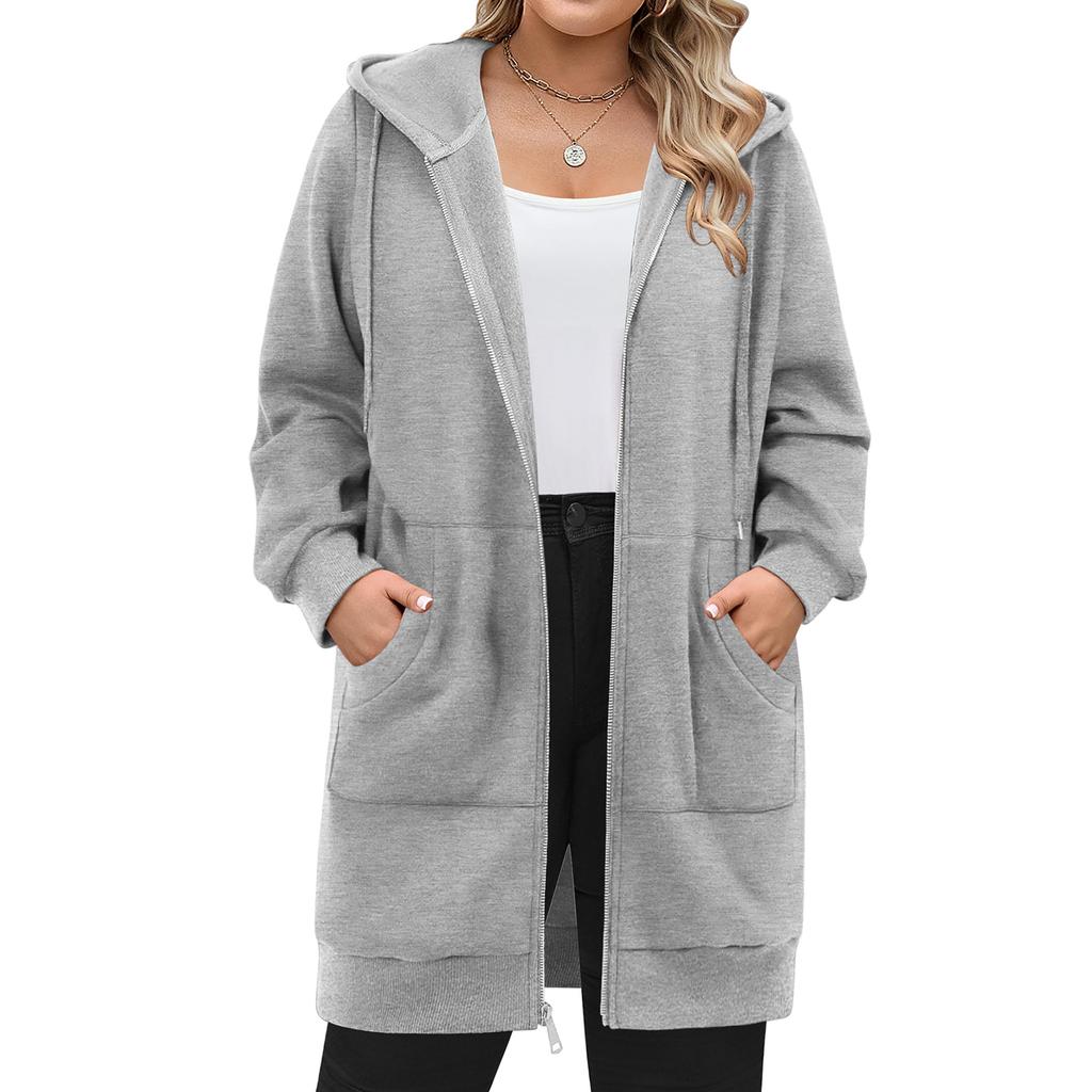 Women's Fashionable Solid Color Long Sleeved Hooded Pocket Casual Hoodie Jacket