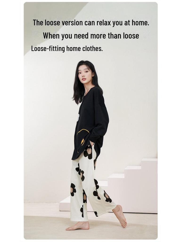 Женский пижамный комплект из чистого хлопка с длинными рукавами и нагрудными накладками — большой размер, весна/осень 2025 г.