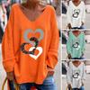 Women Casual T-shirt V-neck Long Sleeve Pullover Tops Rhinestones Heart Pattern Loose Fit Tee Shirt Streetwear