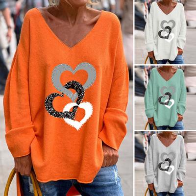 Женская повседневная футболка с v-образным вырезом, пуловер с длинными рукавами, топы со стразами и сердечным узором, свободная футболка, уличная одежда