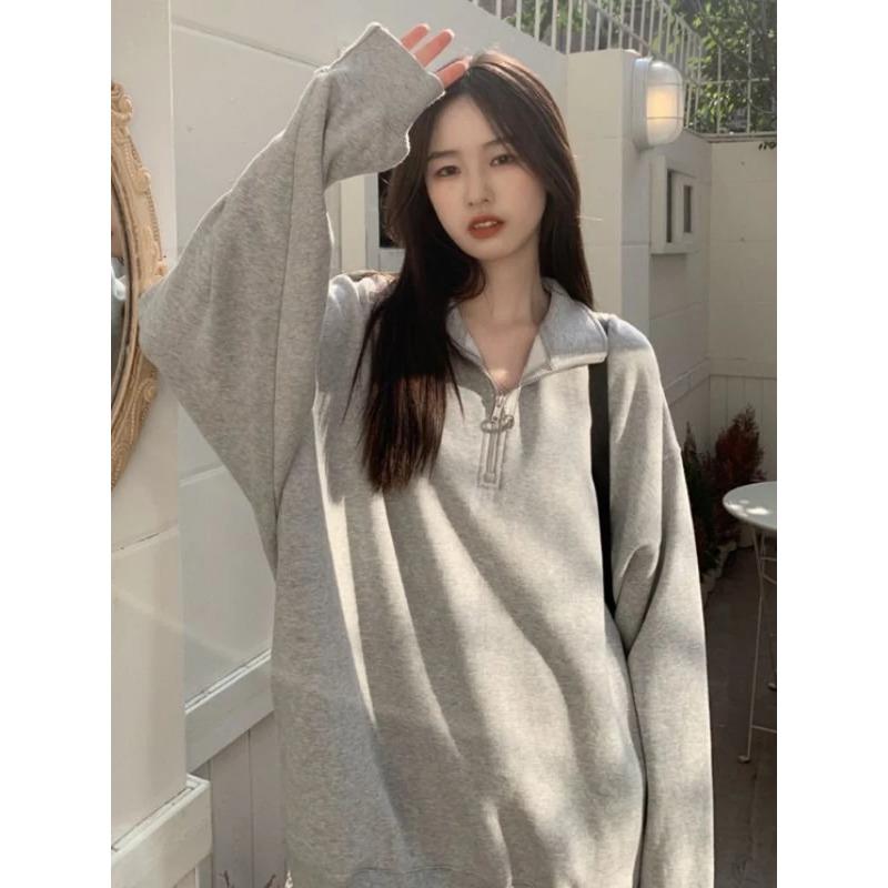 Повседневные свободные толстовки женские корейские модные Kpop Polo Collar серые однотонные пуловеры 2024 осень уличная одежда