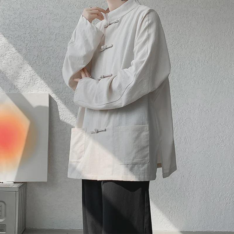 Мужская льняная рубашка с длинным рукавом в китайском стиле с пуговицами, пиджак в стиле ханьфу-тан, большой размер