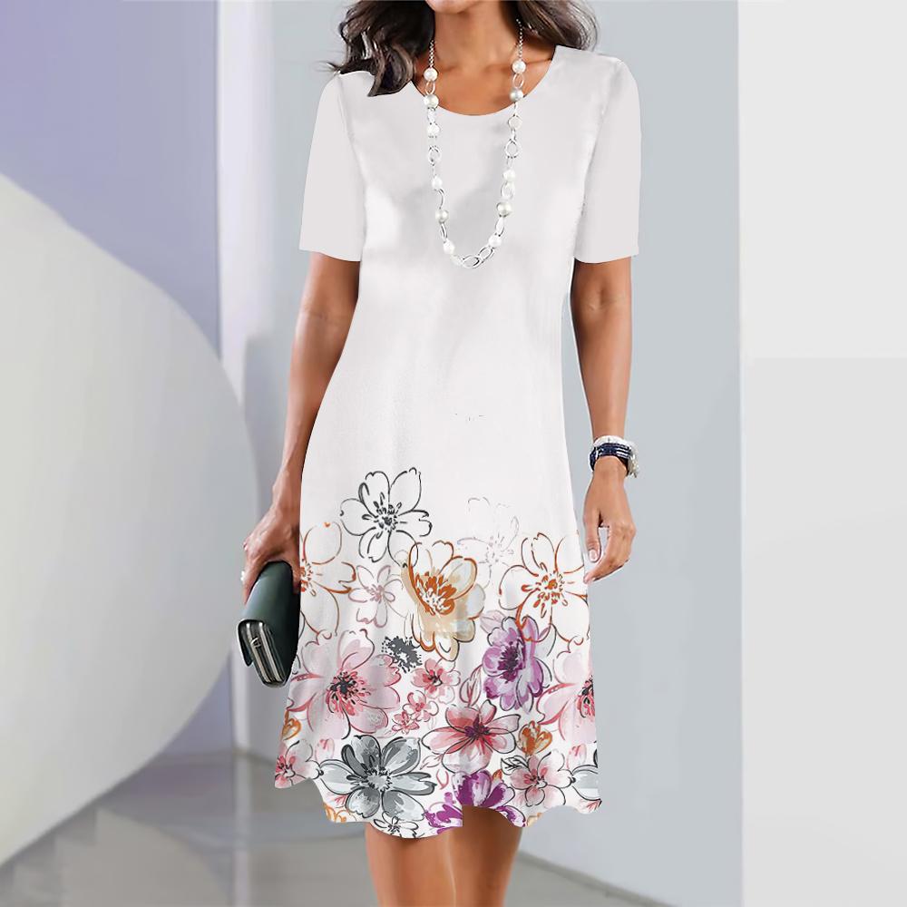 Summer Short Sleeves Dresses Classy Women Dress Loose A-Line Skirt Color Clash Print Woman Clothing Casual Round Collar Pullover