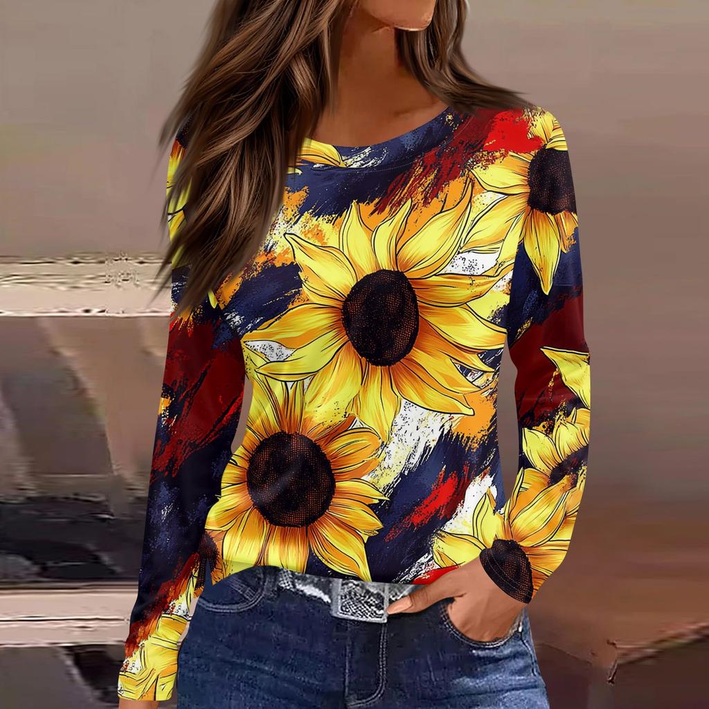 Women's Fashion Slit Hem Independence Day Printed Round Neck Long Sleeve Top