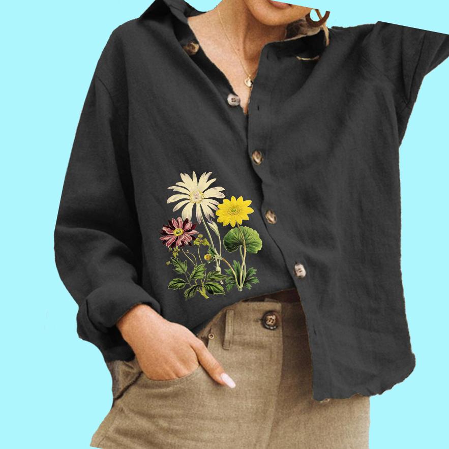 Женская модная блузка с цветочным принтом, женская хлопковая льняная рубашка с длинным рукавом и застежкой на пуговицы