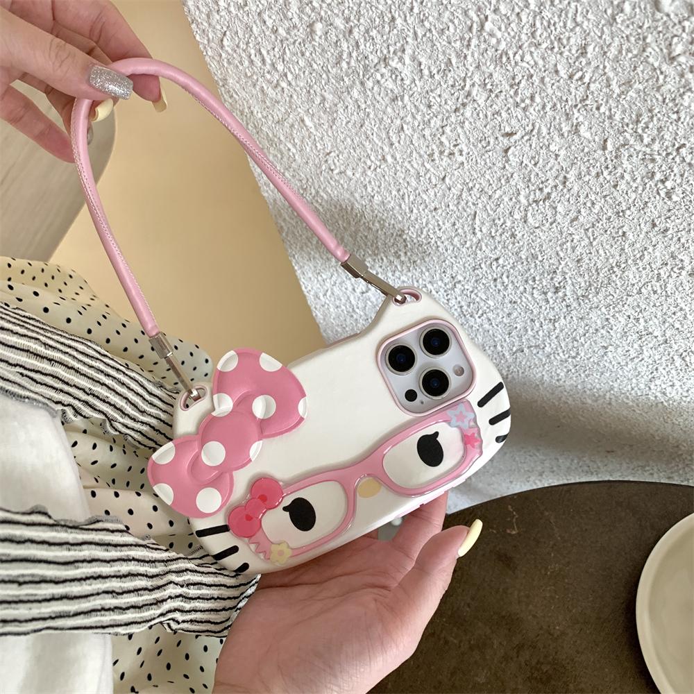 3D Очки Hello Kitty Милый Розовый Бант Прекрасный Чехол для Телефона Для iPhone 16 15 14 13 12 11 Pro Max 16 PLUS Шнурок-Ремешок Задняя Крышка