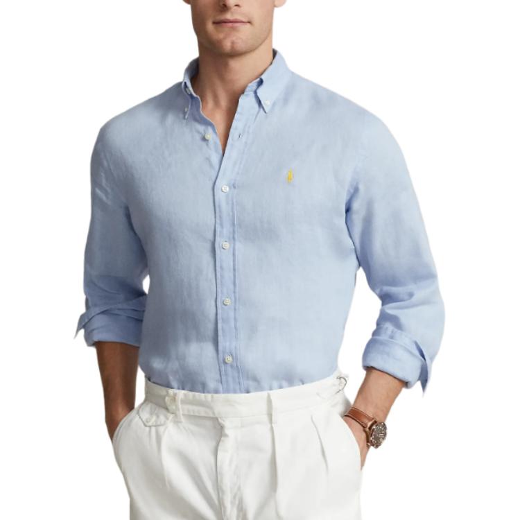 Polo Ralph Lauren FW23 Однотонная однобортная повседневная рубашка с длинным рукавом и вышивкой в виде маленького пони, мужские рубашки синего цвета 710791449-040