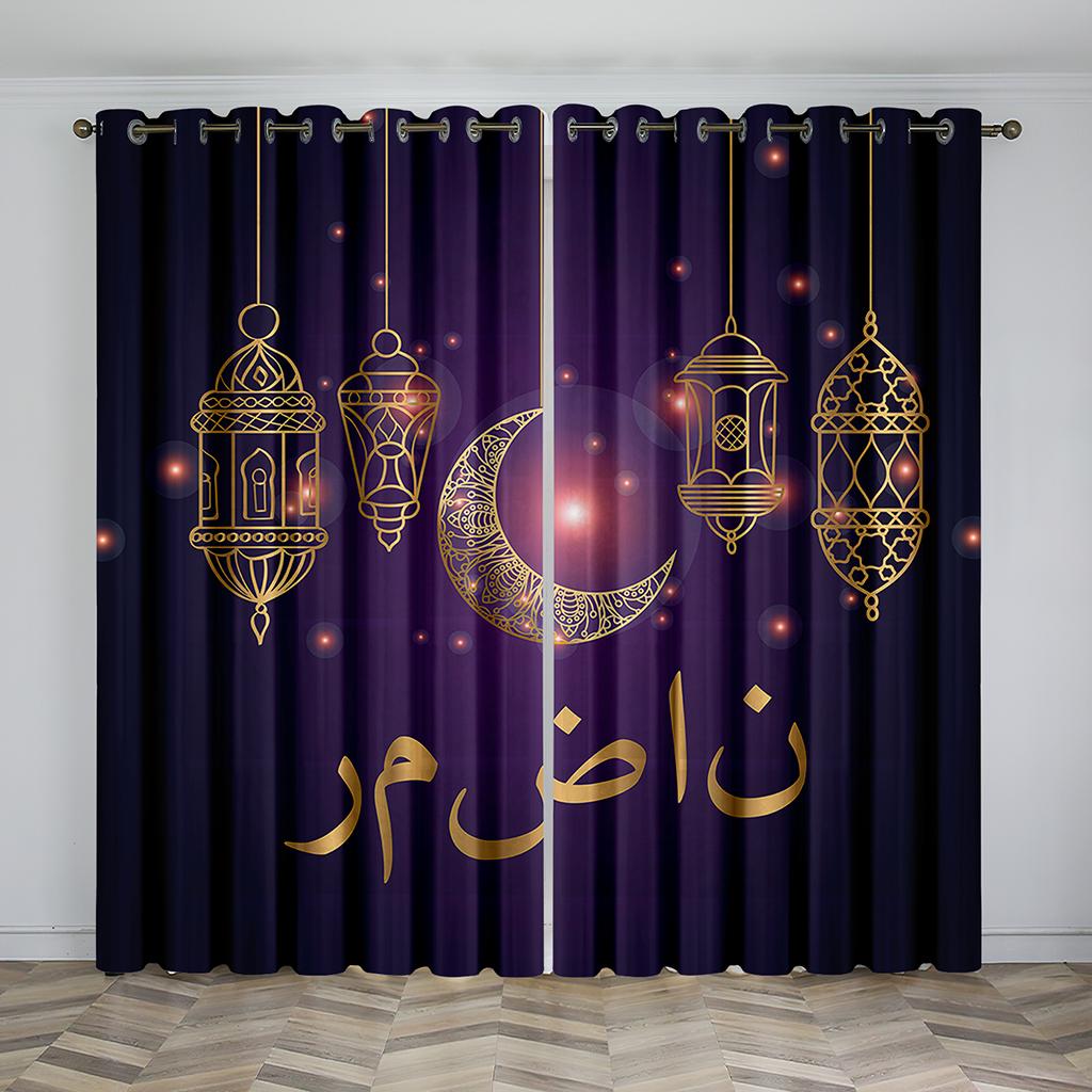 2PC  Home Decoration Curtains, Red Gold Ramadan Festival With Pole Pocket Curtains, Suitable For Living Room, Study Farm